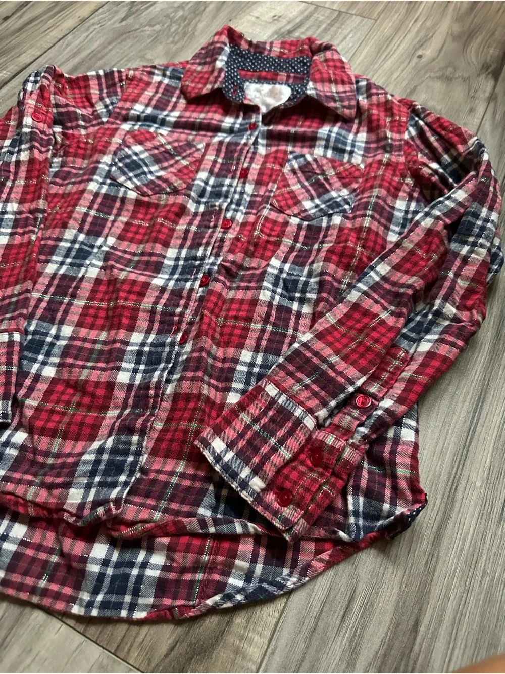 Justice Girls Red Plaid Flannel Shirt Lg Sleeve ButtonUp Metallic accent Size 10